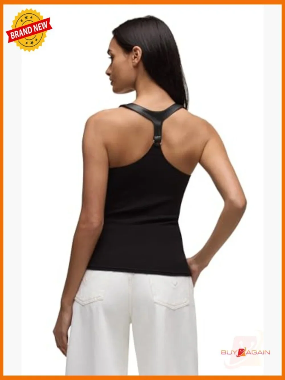 Fitted Rib Knit Tank Top with Faux Leather Straps, Snap Closure
